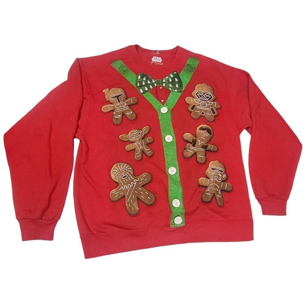 Star Wars Theme Christmas Sweatshirt Women's Size Large Red Gingerbread Man Pull